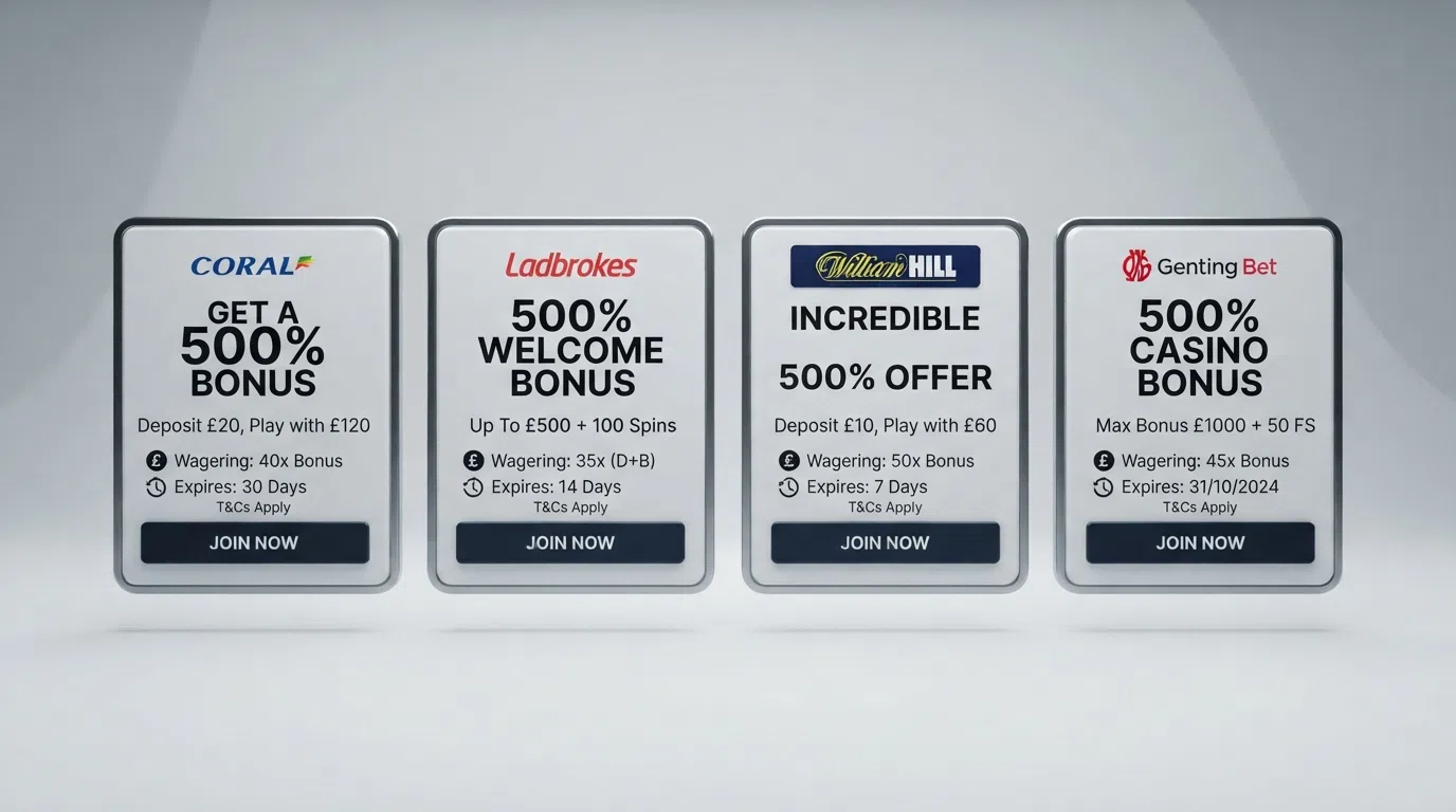 A side-by-side display of UK casino bonus offer cards showing different bonus amounts, wagering multipliers, and expiry dates for comparison