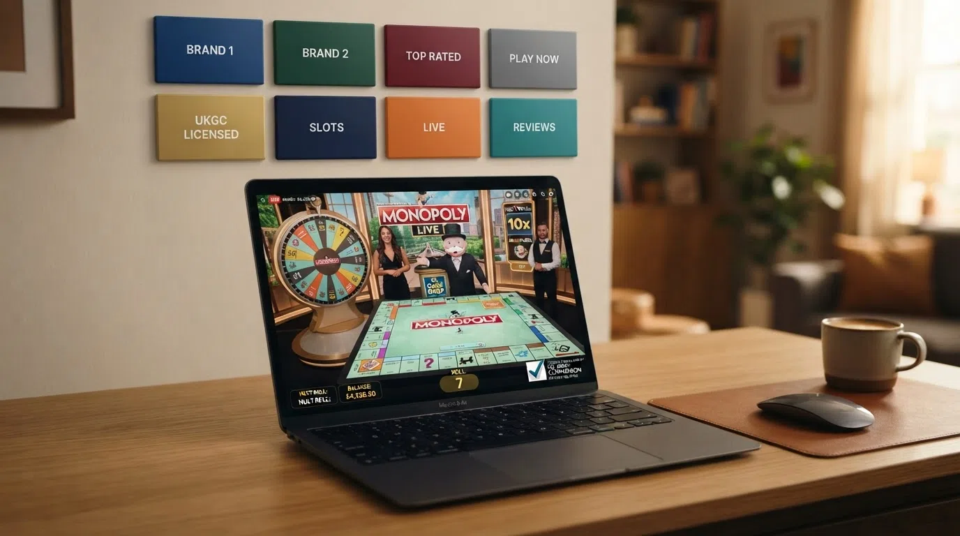 A grid of UK casino brand logos arranged above a laptop showing a Monopoly Live game stream, with the UKGC licence badge visible