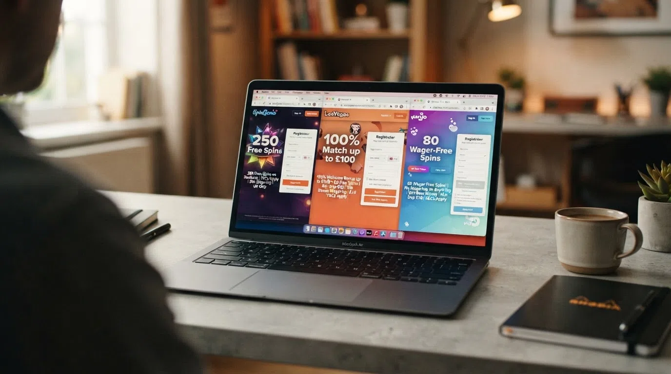A side-by-side view of three UK casino registration pages with welcome-offer banners highlighting free-spin counts and wagering terms