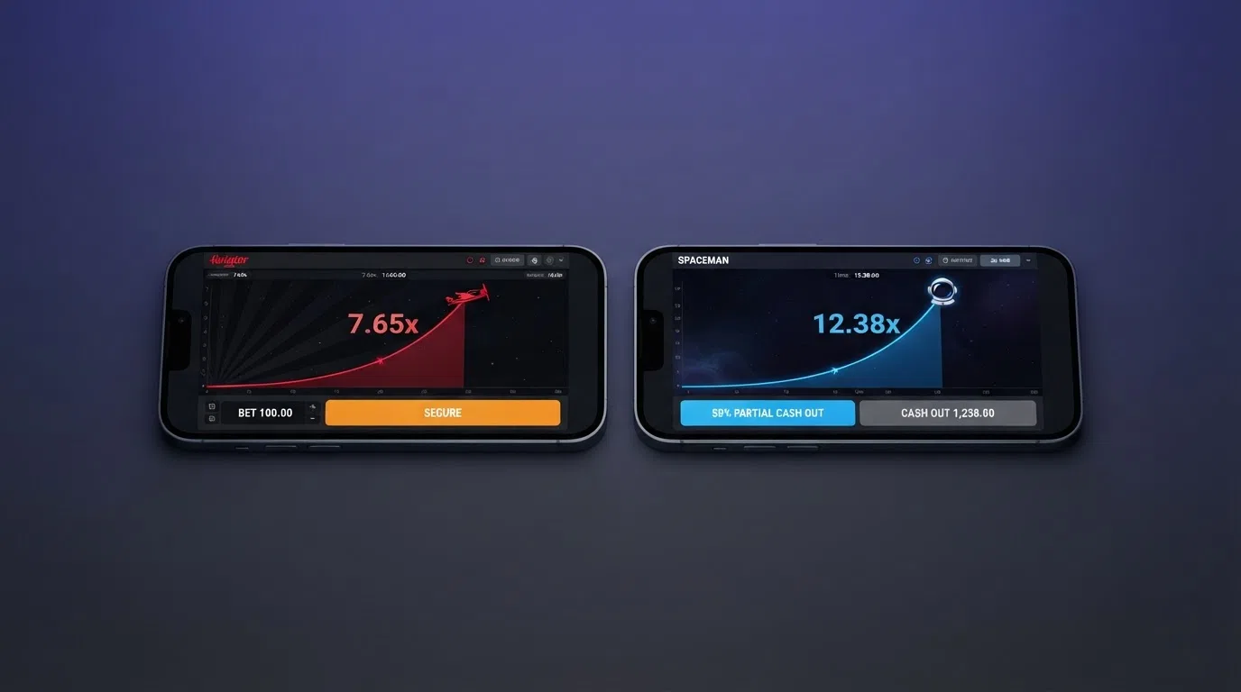A split view of Spaceman by Pragmatic Play alongside the Aviator interface, highlighting the similar multiplier-curve layout and the 50% partial cash-out feature unique to Spaceman