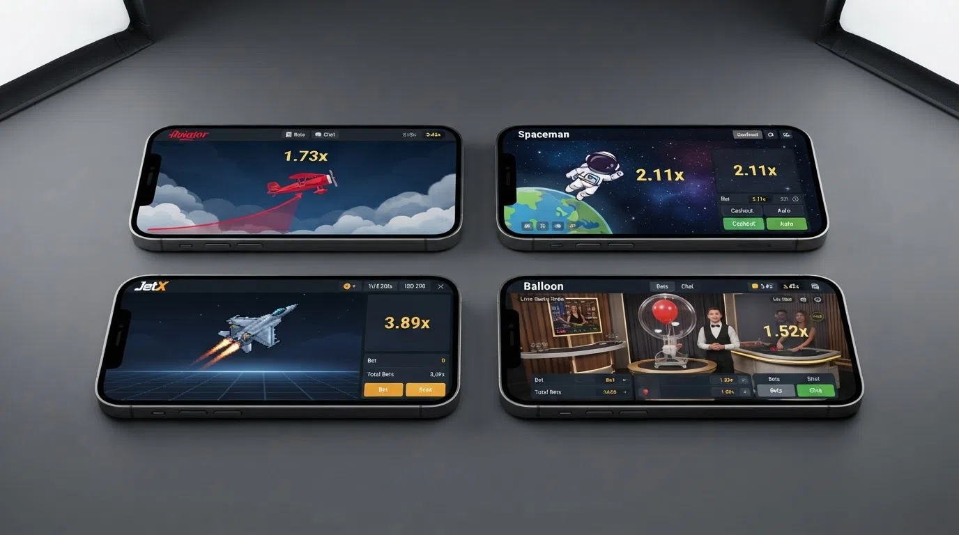 A grid of four crash game title screens — Aviator, Spaceman, JetX and Cash or Crash Live — each showing its distinct visual style and multiplier display