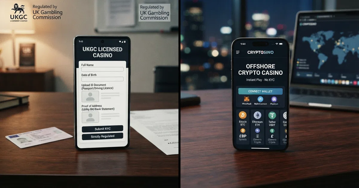 A split-screen composition showing a traditional UKGC-licensed casino website with its identity-verification upload form on one side, and a crypto casino interface with a wallet-connect prompt on the other, separated by a padlock icon