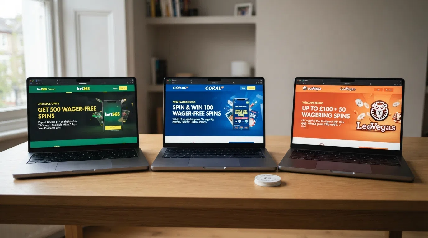 A split-screen comparison showing the welcome-offer terms of three featured UK casinos side by side, with the free-spin count and wagering-multiple highlighted