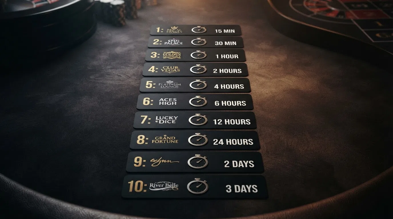 A stylised ranking podium with three casino-brand cards in gold, silver and bronze positions, each showing a stopwatch icon and a withdrawal time, with seven more cards lined up below.