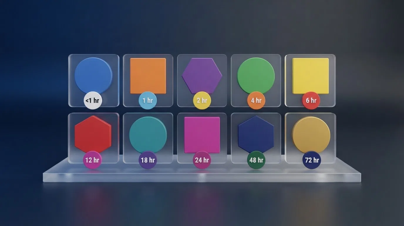 A grid of ten UK online casino logos arranged by tested withdrawal speed, each with a colour-coded time badge showing hours-to-clear