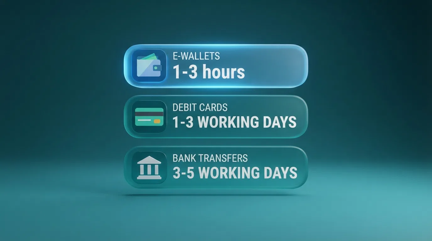 A side-by-side comparison visual of UK casino withdrawal speeds, with e-wallets, debit cards and bank transfers shown on a timeline