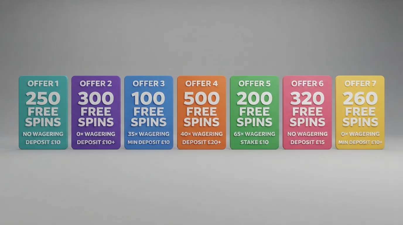 A side-by-side layout of casino welcome-offer cards showing different free-spin counts, wagering labels and deposit triggers, arranged in a comparison format