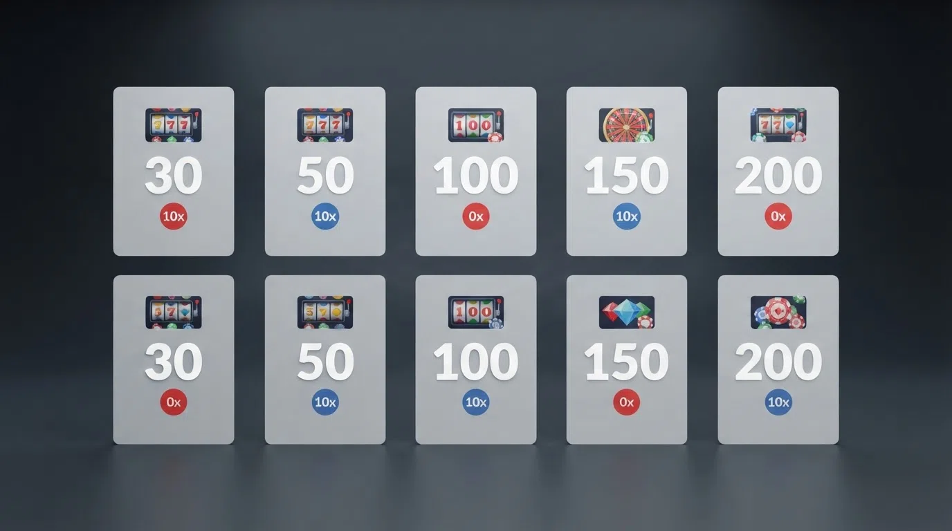 A side-by-side arrangement of UK casino welcome-offer summary cards showing different free spin counts, wagering badges and featured slot game thumbnails, laid out as a visual comparison grid