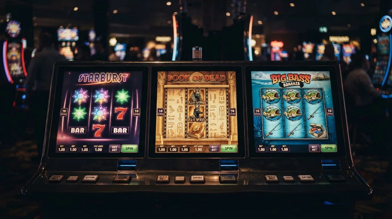 A row of three slot-machine reels showing symbols from Starburst, Book of Dead and Big Bass Bonanza — the three most common eligible titles for UK free-spin offers — against a dark casino-lobby background.