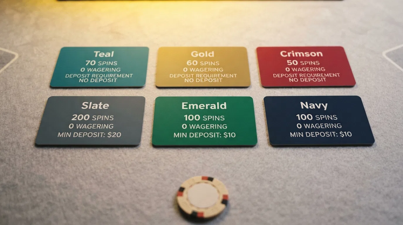 A side-by-side visual comparing the key terms of three no-deposit and three deposit-triggered 30-free-spin welcome offers, with highlight markers on the wagering row