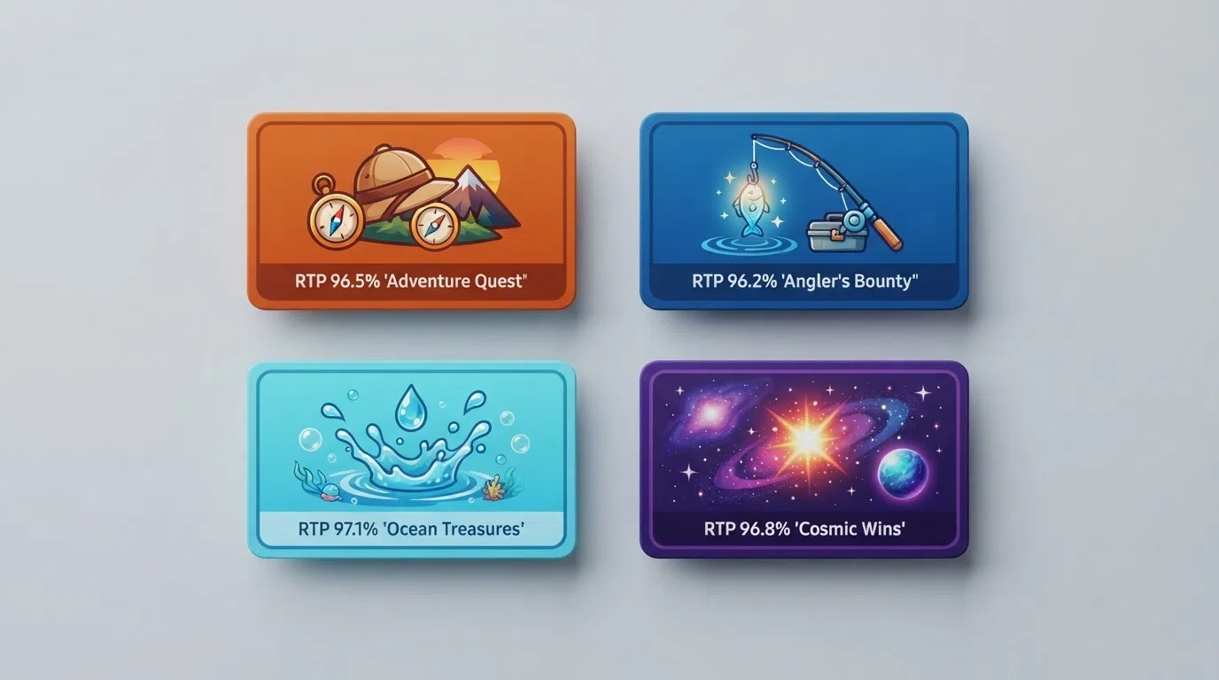 Four slot-title cards for Book of Dead, Big Bass Bonanza, Big Bass Splash, and Starburst arranged in a grid, each showing the game logo, RTP percentage, and provider name
