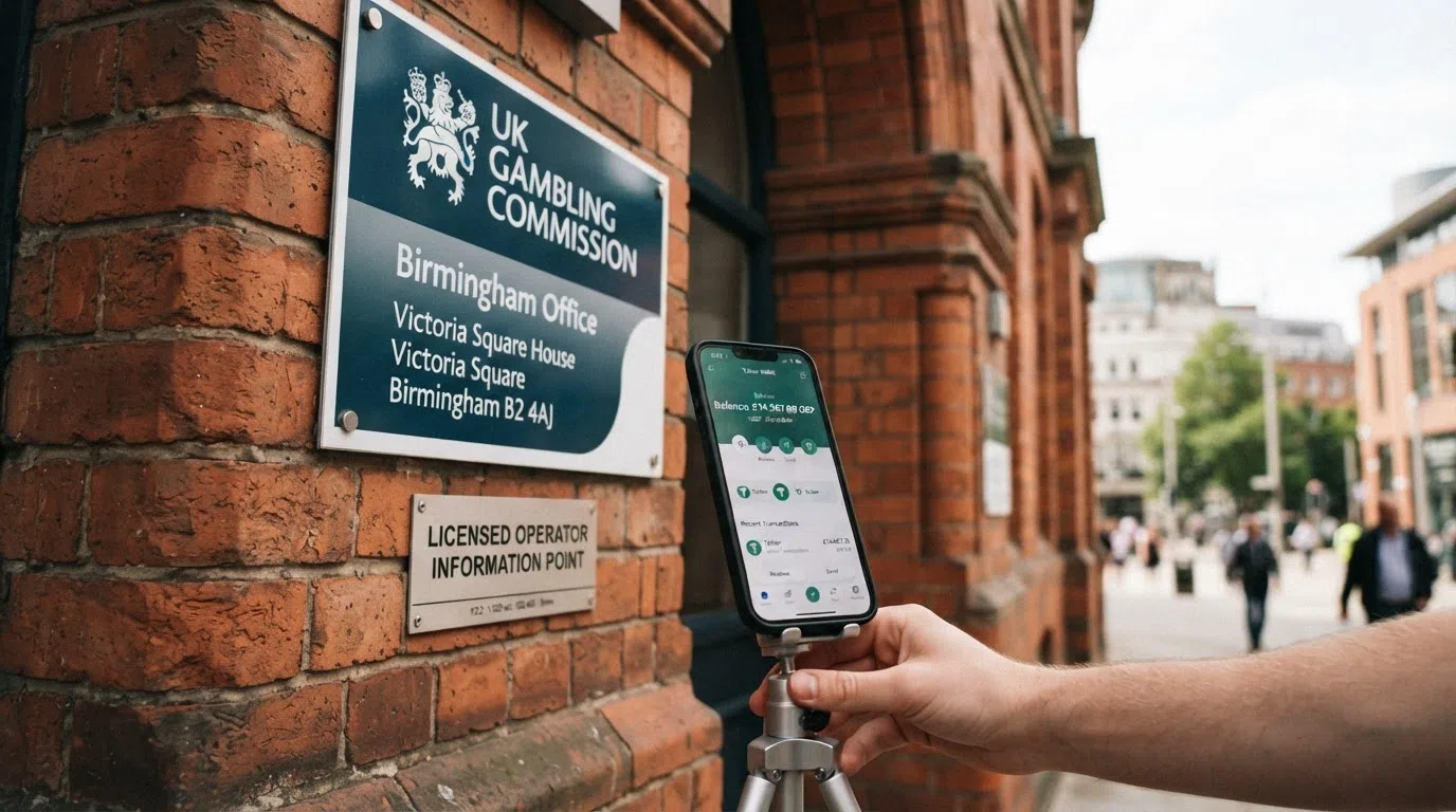 A UK Gambling Commission sign outside its Birmingham office, with a digital overlay of a crossed-out cryptocurrency symbol and the words “No GB-licensed casino accepts crypto as of 2026”