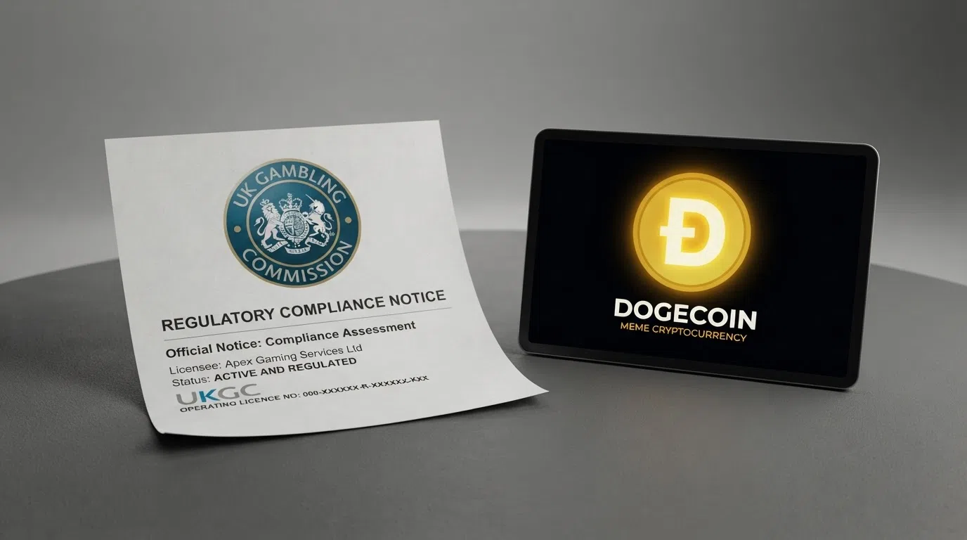 The UK Gambling Commission logo on a regulatory document, contrasted with a Dogecoin symbol on a dark screen