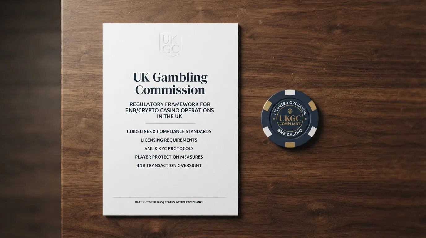 The UK Gambling Commission logo visible on official documentation next to a cryptocurrency coin on a desk