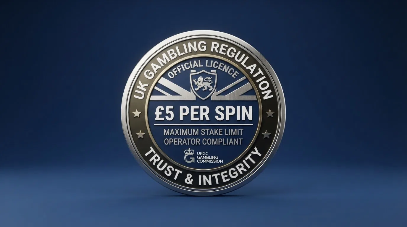 The UK Gambling Commission logo and licence-authority mark beside a stylised slot-stake-limit label reading £5 per spin