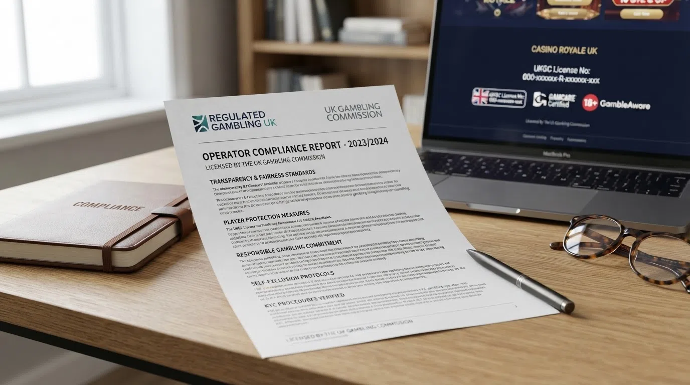 A close-up of a UK Gambling Commission operating licence certificate and the Commission's official logo on a casino website footer