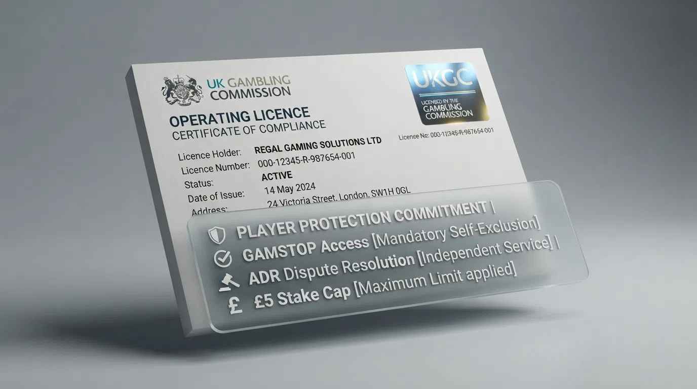 A stylised Gambling Commission licence certificate with the UKGC hologram against a muted grey background, a checklist of player protections overlaid in the foreground