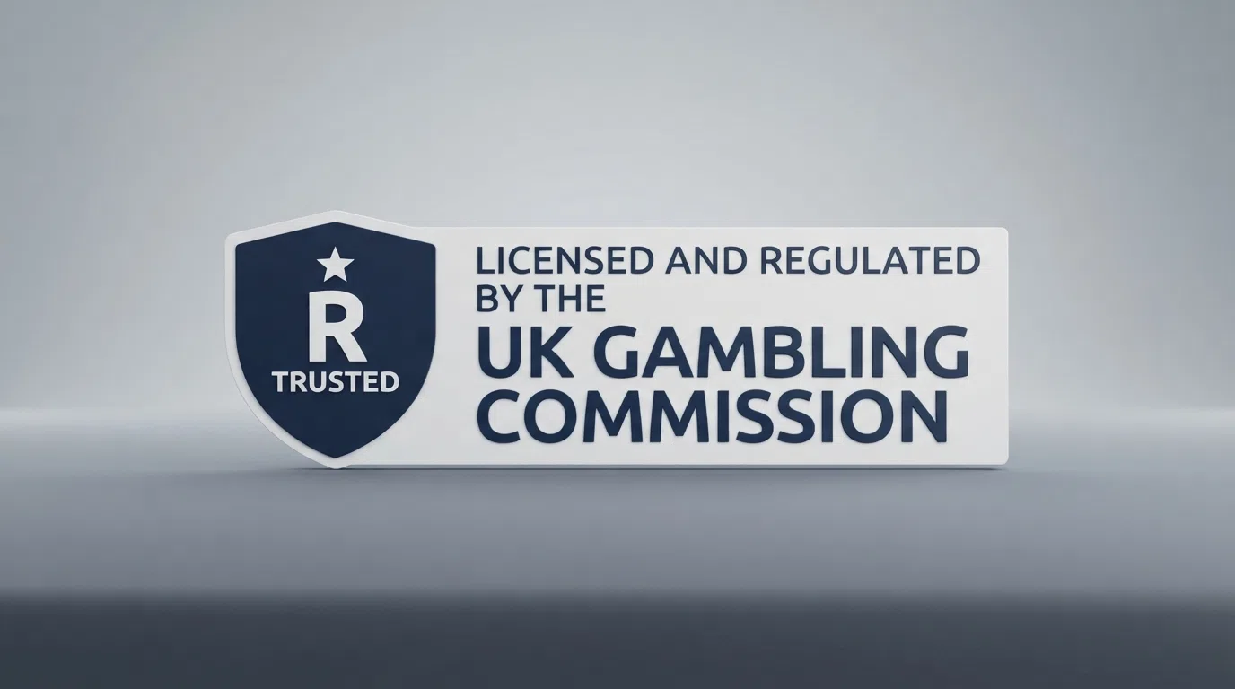 The UK Gambling Commission logo beside a sample casino website footer displaying an active GB operating licence number and the “safer gambling” trust mark