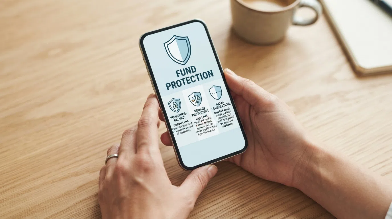 A visual summary of the three levels of player fund protection — insurance, medium protection and basic segregation — with the UKGC logo and a shield graphic