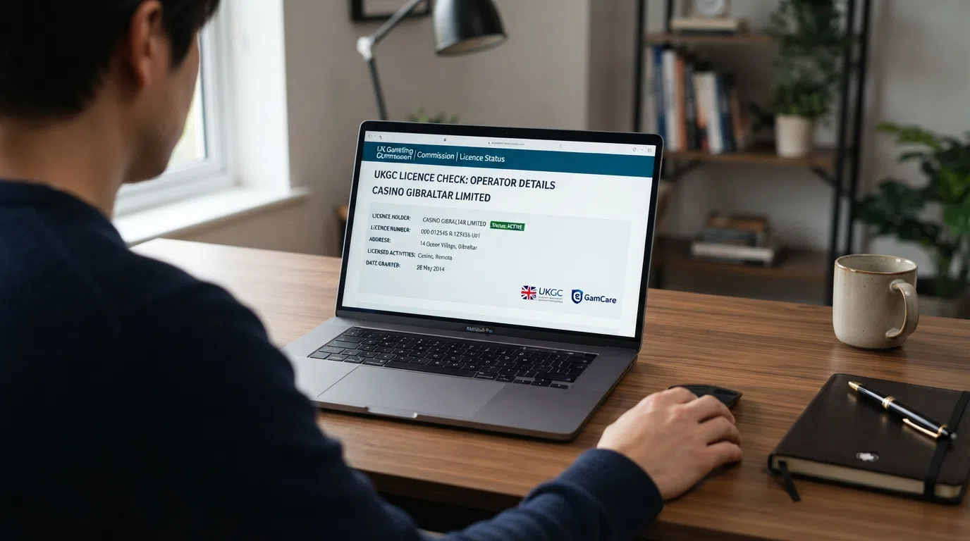A screenshot of the UKGC public register search interface with a casino licence entry visible
