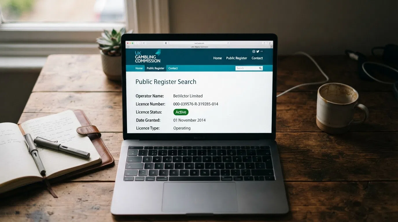 A screenshot of the UKGC public register search page with an operator's licence status displayed as Active