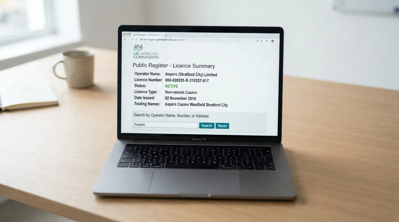 A close-up of a laptop screen showing the UK Gambling Commission public register search interface with a casino licence entry visible