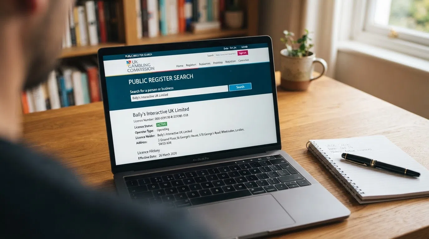 The Gambling Commission website's public register search bar with a casino operator's licence details visible in the results below