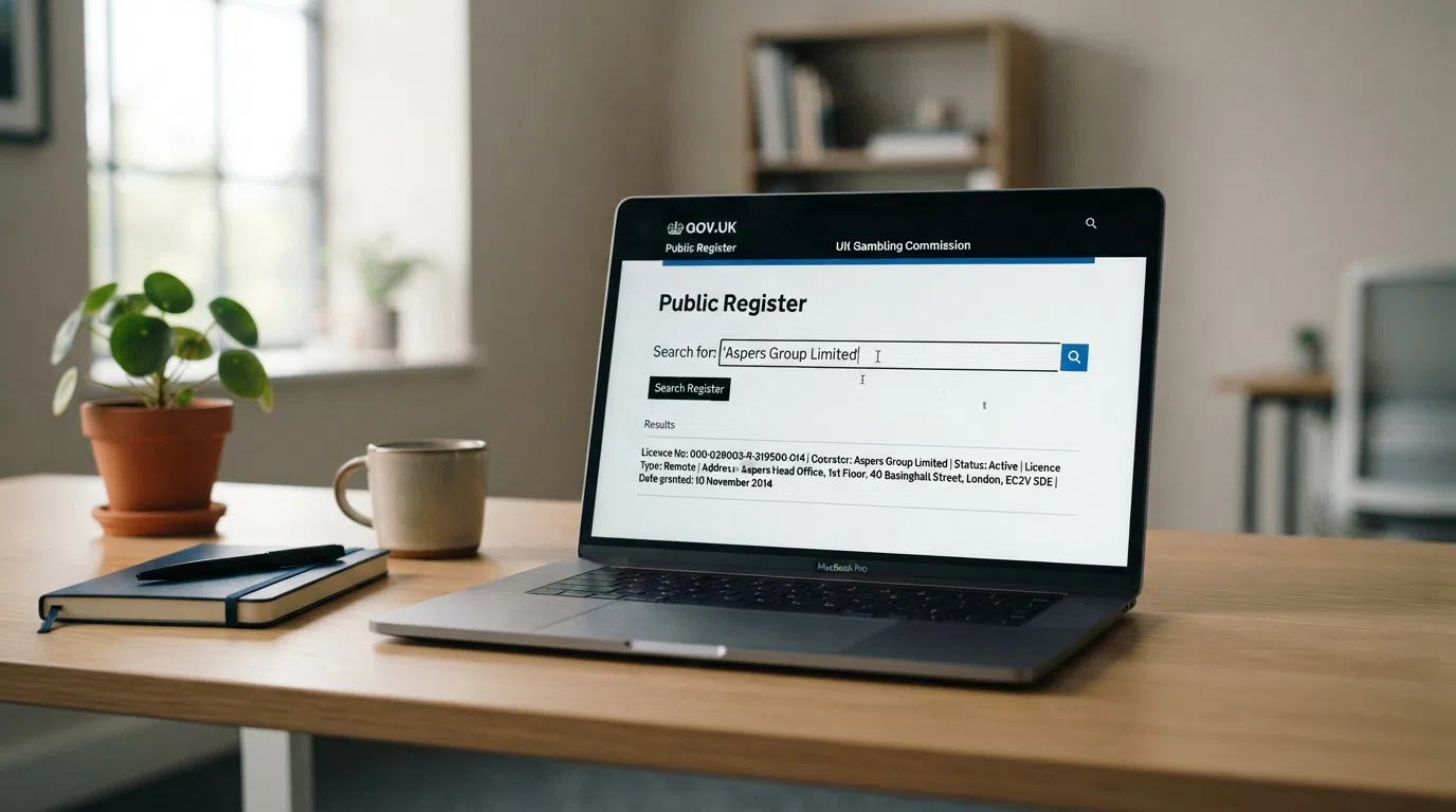 The UK Gambling Commission public register search interface showing licence records for a remote casino operator