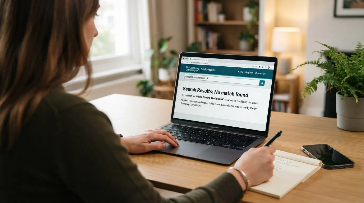 A browser window open to the UK Gambling Commission public register with a search result showing no match for a casino name, with the UKGC logo visible in the header