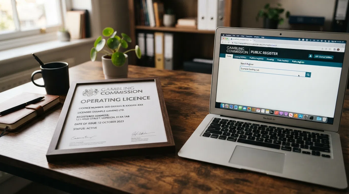 A close-up of a UK Gambling Commission licence certificate on a desk beside a laptop showing the public register search page.