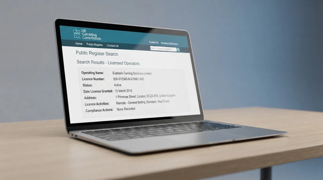 The UK Gambling Commission logo and a snippet of the public register webpage showing licensed operator details