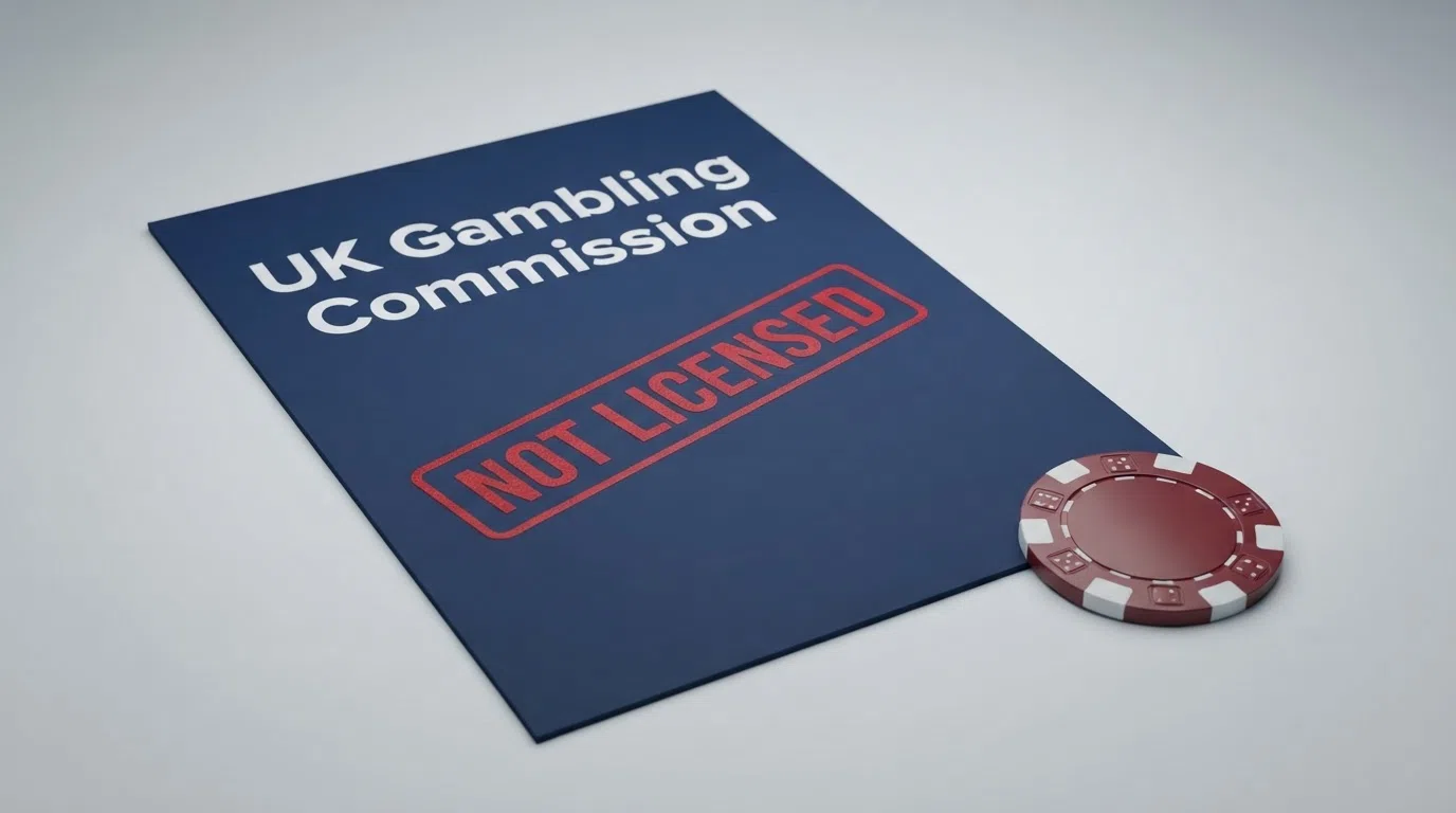 The UK Gambling Commission logo on an official document beside a red stamp marked “not licensed” with a crypto wallet icon in the background