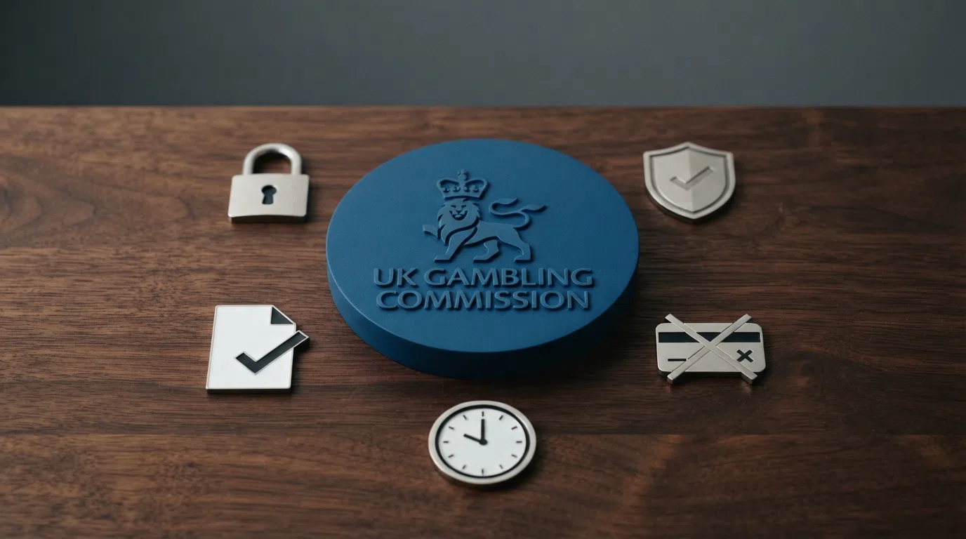 A clean graphic showing the UK Gambling Commission logo alongside icons representing the key player protections — RTP disclosure, stake caps, self-exclusion and the credit-card ban