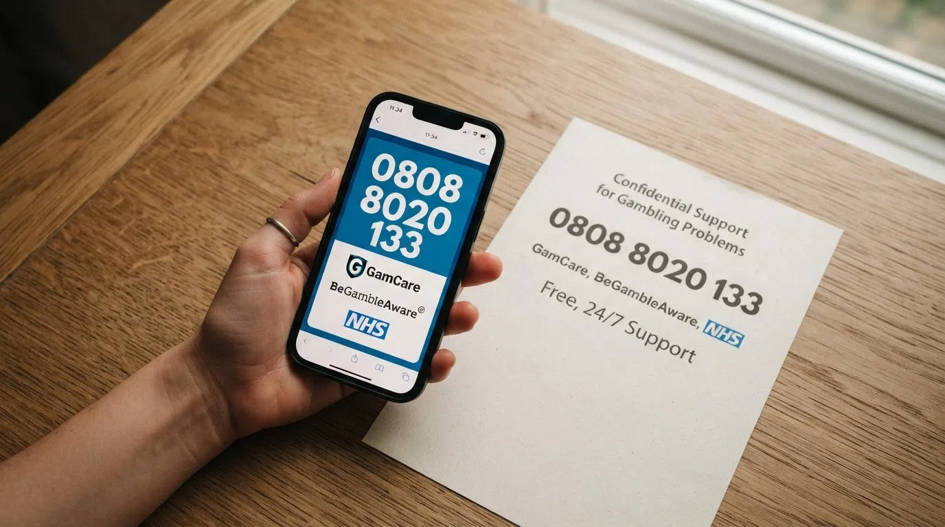 A helpline phone icon beside the logos of GamCare, BeGambleAware and the NHS, with the number 0808 8020 133 displayed prominently