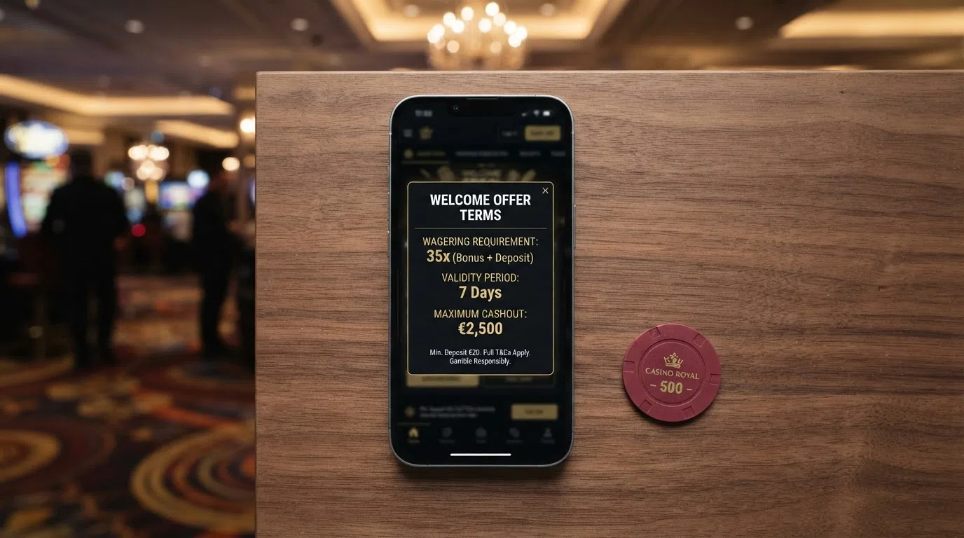 A smartphone screen showing a casino bonus terms pop-up with key figures — wagering multiplier, validity period and max cashout — highlighted against a blurred casino lobby background