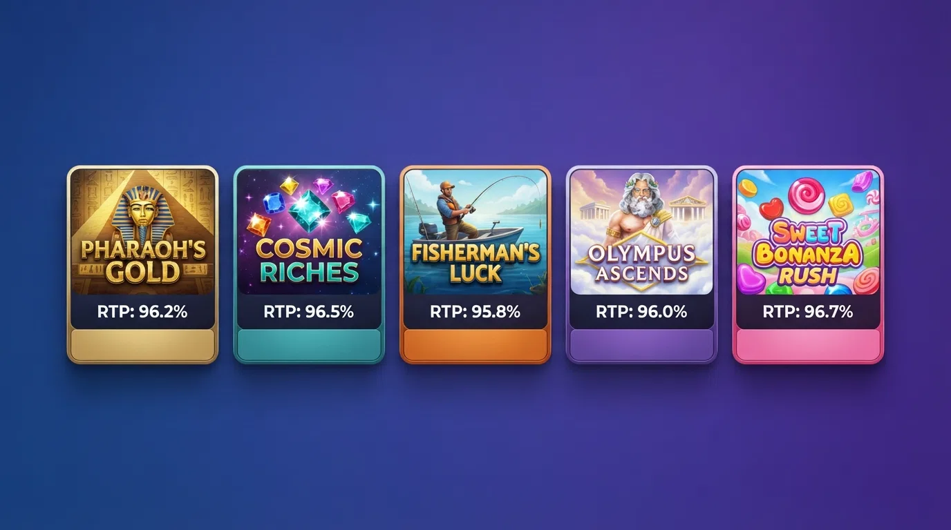 A grid of five slot game title cards — Book of Dead, Starburst, Big Bass Bonanza, Gates of Olympus and Sweet Bonanza — each showing its RTP percentage and provider logo beneath the title