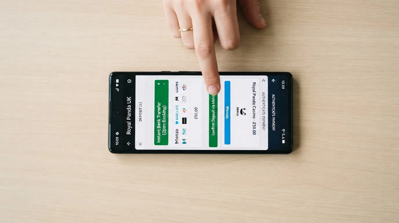 A smartphone screen displaying a UK casino cashier with the Trustly Pay by Bank option highlighted, a bank-app authentication screen visible next to it