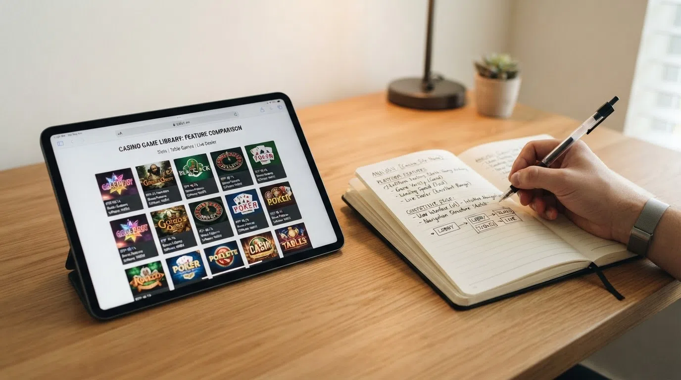 An iPad on a desk alongside a notebook with handwritten comparison notes, the screen showing a casino game library grid