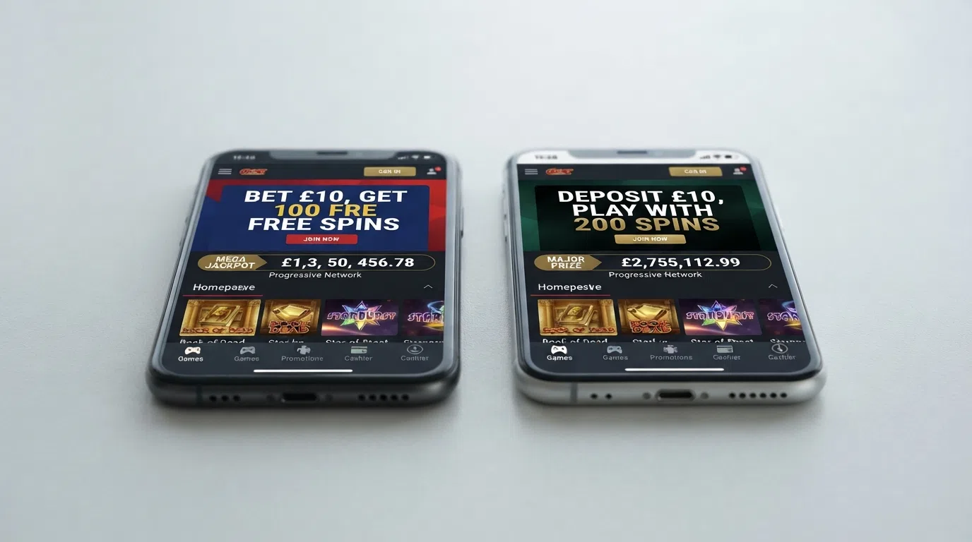 Side-by-side comparison of UK-licensed jackpot casino mobile home screens on two smartphones, showing welcome-offer banners and progressive jackpot tickers.