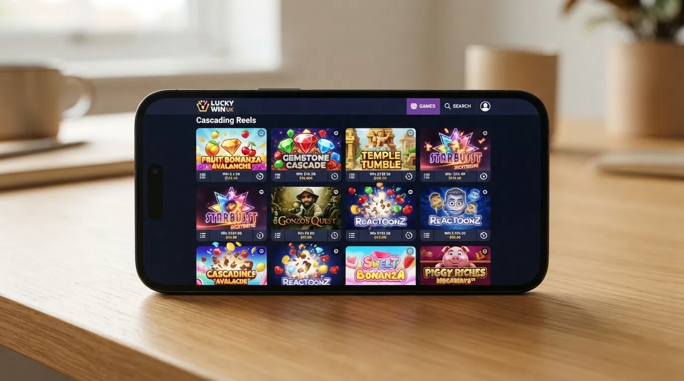 A smartphone screen showing a UK-licensed casino game lobby with cascading slot titles visible in the thumbnail grid