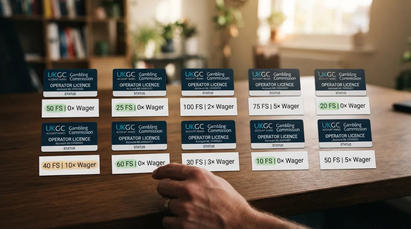 Ten UKGC operator licence badges arranged in a clean grid, each badge paired with a simplified free-spin count and a wagering multiplier — 0&times; entries highlighted in green, the 10&times; entry in amber