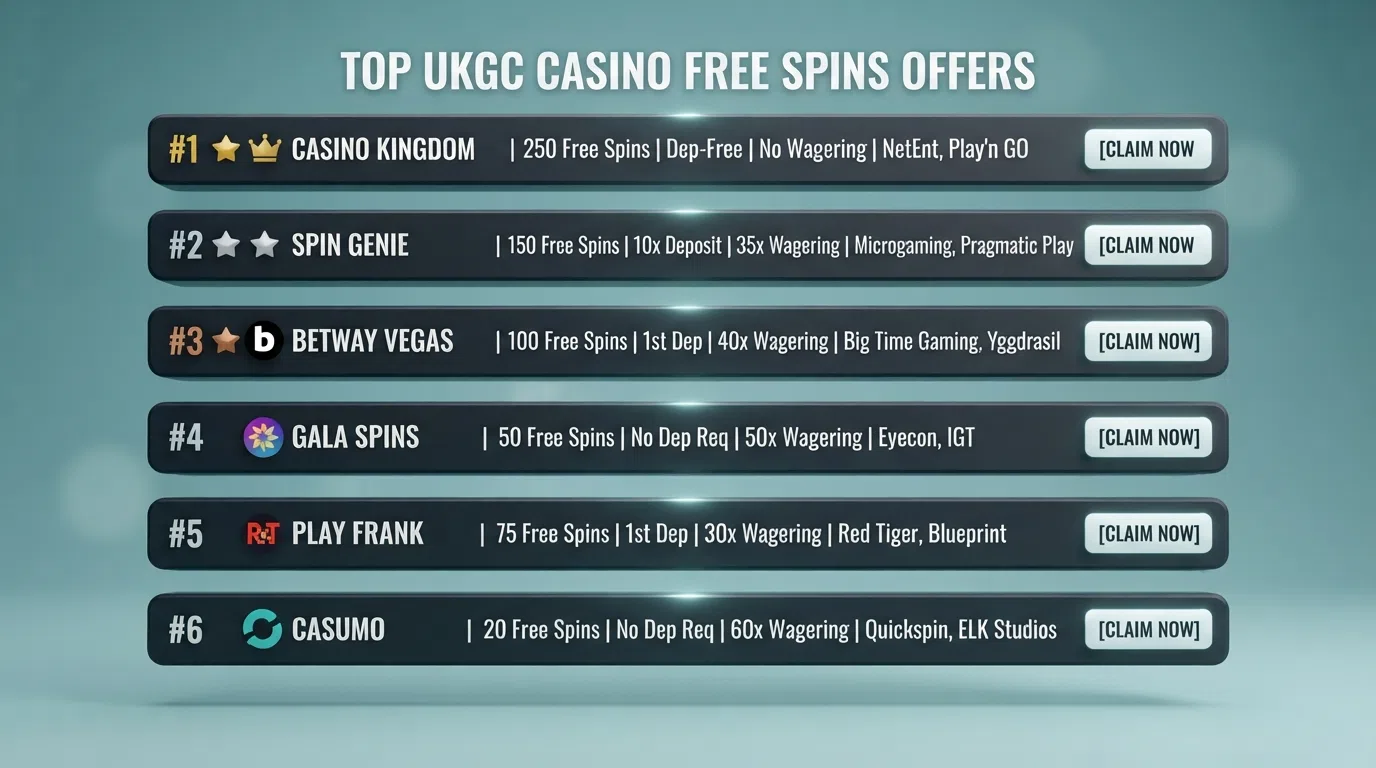 A ranked list of UKGC-licensed casino operator names beside their free-spins offer details, arranged in a comparison layout
