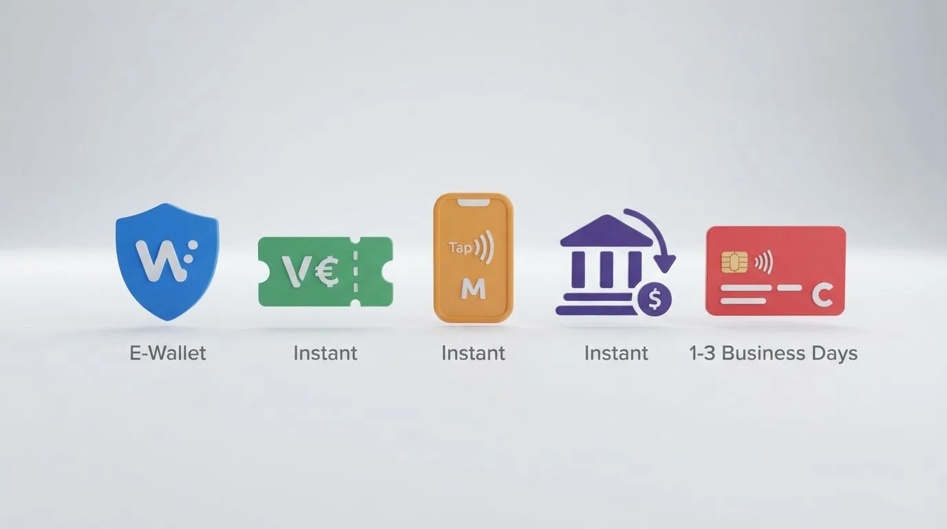 A side-by-side visual comparison of UK casino deposit screens showing five alternative payment method icons — PayPal, Skrill, Neteller, Apple Pay, and debit card — each labelled with its typical deposit speed beneath
