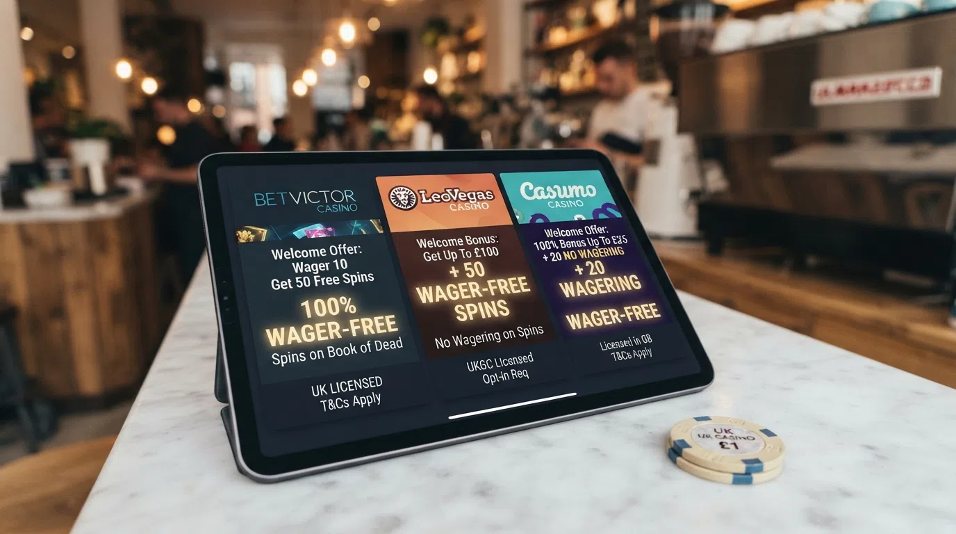 The welcome-offer panels of three UK-licensed casino sites displayed side by side, showing free-spin counts and the words “no wagering” or “wager-free” highlighted
