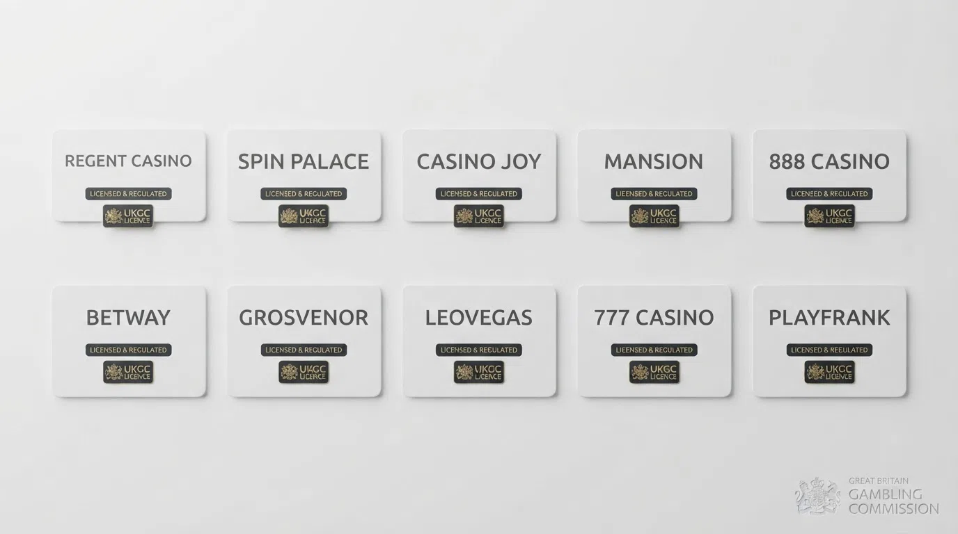 A grid of ten UK casino operator logos arranged in two neat rows on a clean white background, each logo above its licence-status badge, with the Gambling Commission crest in the corner.