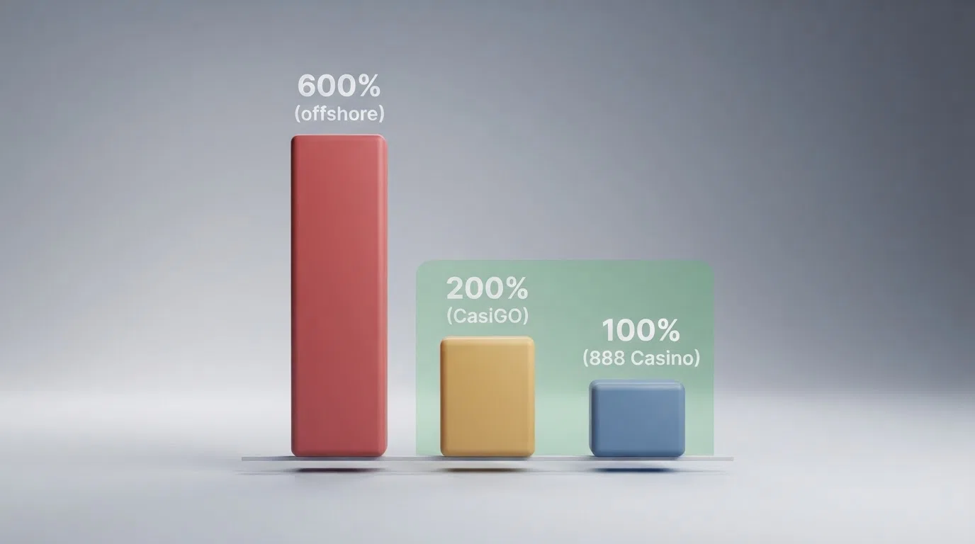 A comparison bar chart showing deposit-match percentages — 600% (offshore), 200% (CasiGO), 100% (888 Casino) — with the UKGC-regulated zone shaded