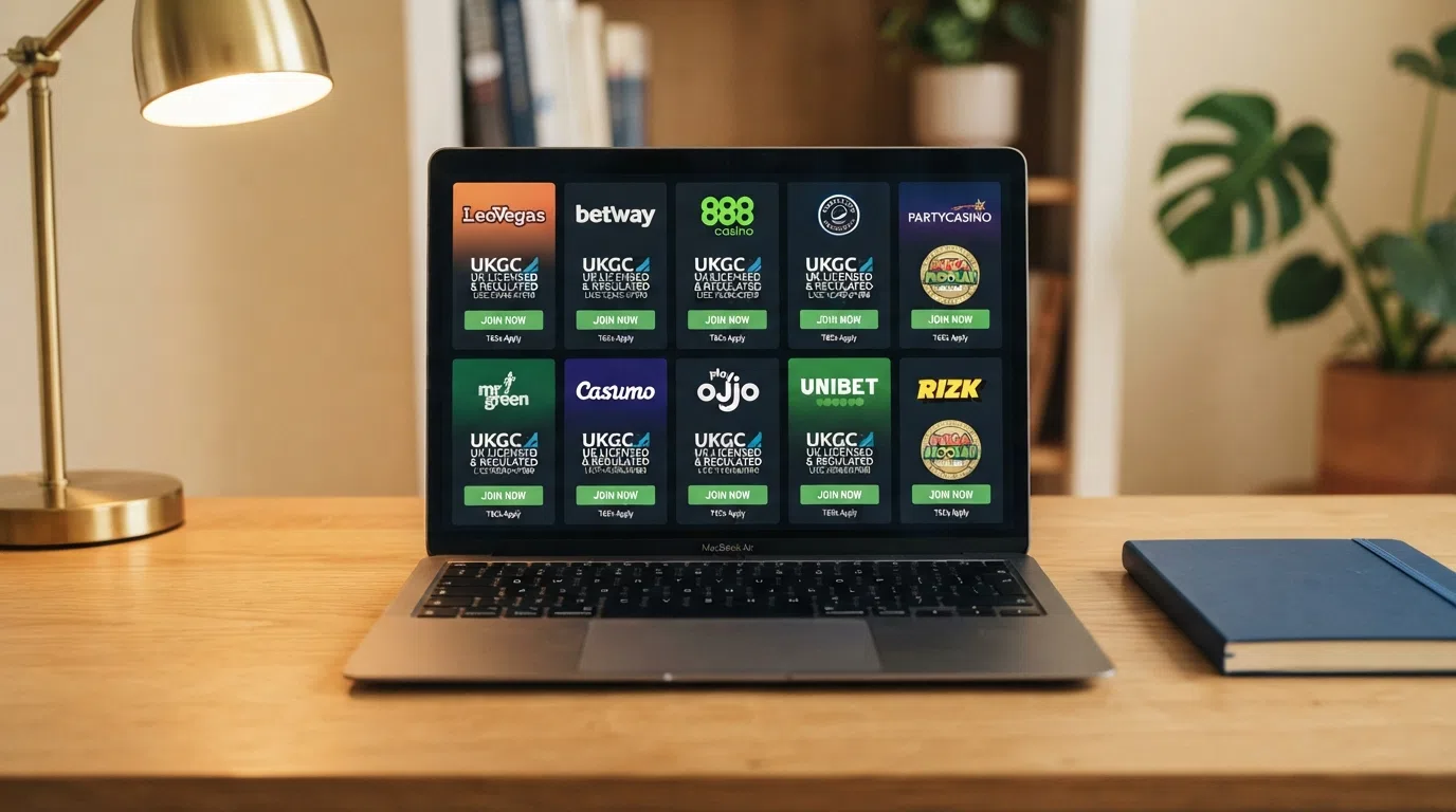 A comparison grid showing ten UK casino brand panels, each marked with a UK Gambling Commission licence indicator and a Mega Moolah availability badge against a clean dark background