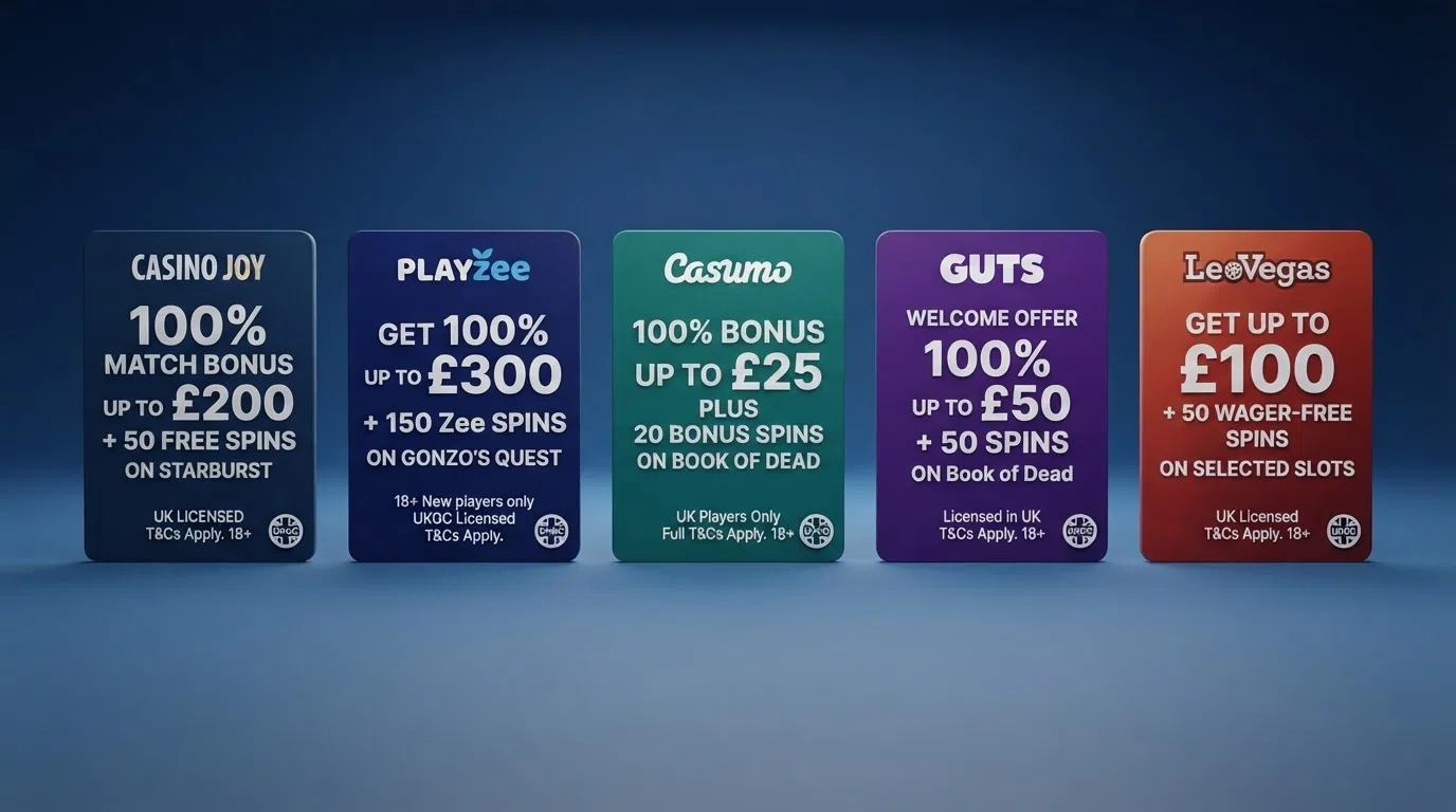 A grid of casino welcome-offer cards arranged side by side, each displaying a different free-spins count or match percentage with key terms underneath.