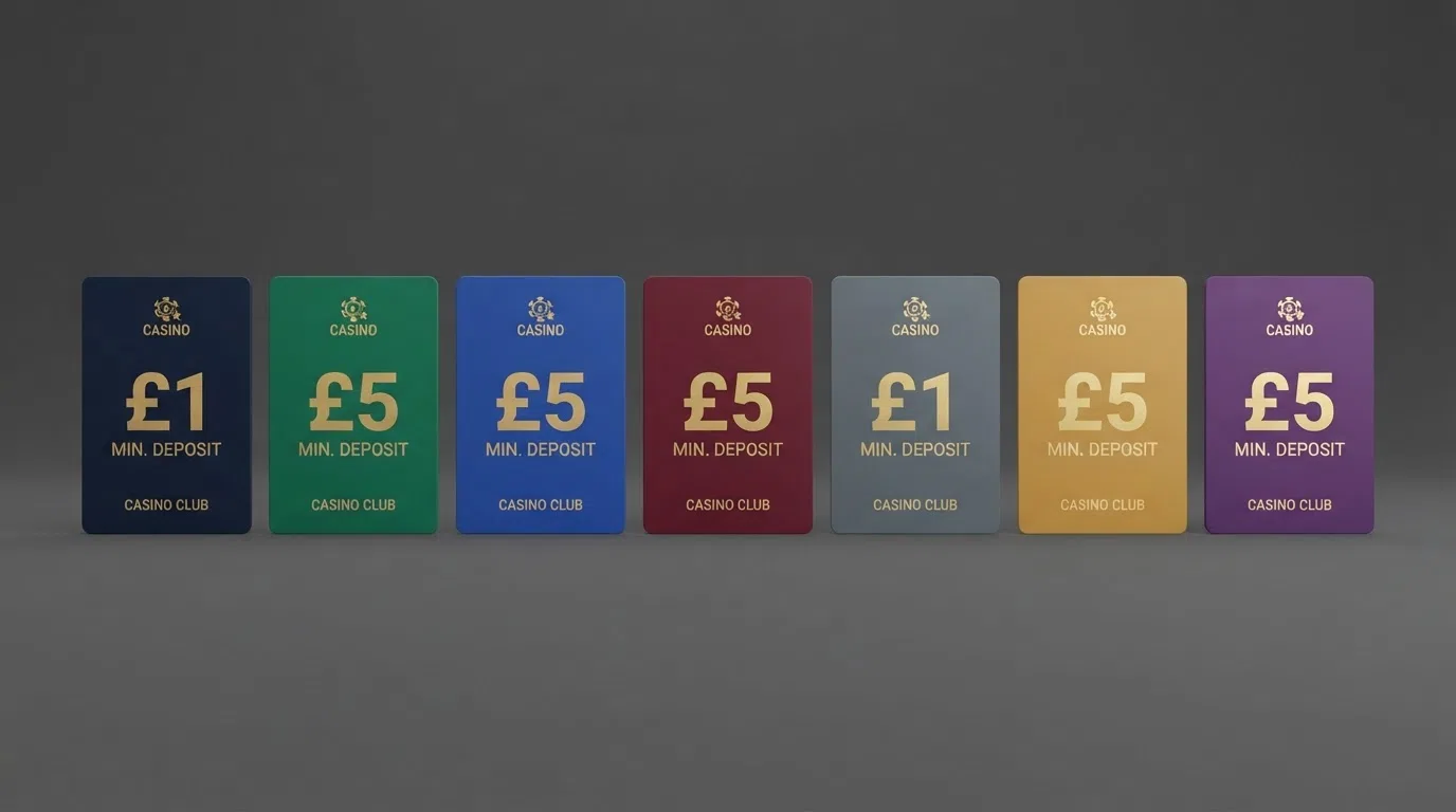 A desktop view of casino brand cards arranged side by side, with deposit thresholds from £1 to £5 highlighted on each card