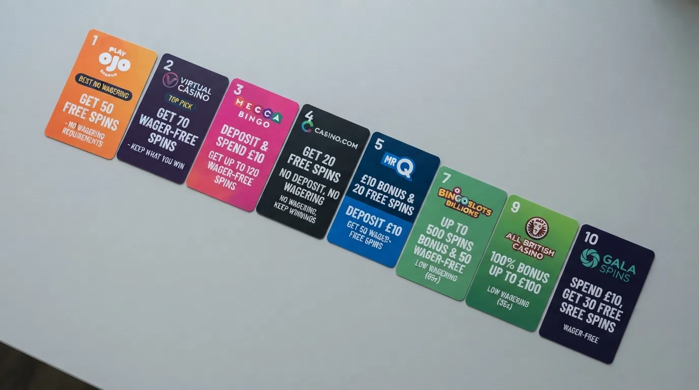 A side-by-side visual of ten UK casino brand cards, each showing its headline no-wagering or low-wagering welcome offer, arranged in ranked order